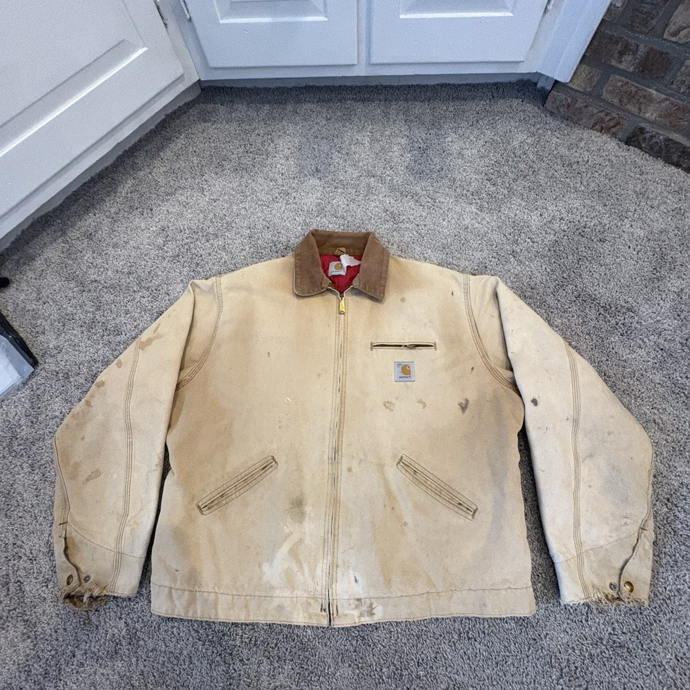 Vintage Carhartt Detroit J18 BRN Red Quilted Lined Jacket 2XL? 54? Tan Work Wear